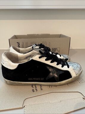Golden Goose Black Suede Sneakers with Silver Glitter Toe